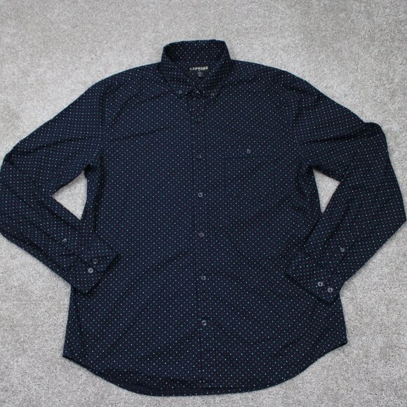 Express Shirt Mens Large 16-16 1/2 Blue Geometric 100% Cotton Long Sleeve Button - Picture 2 of 14